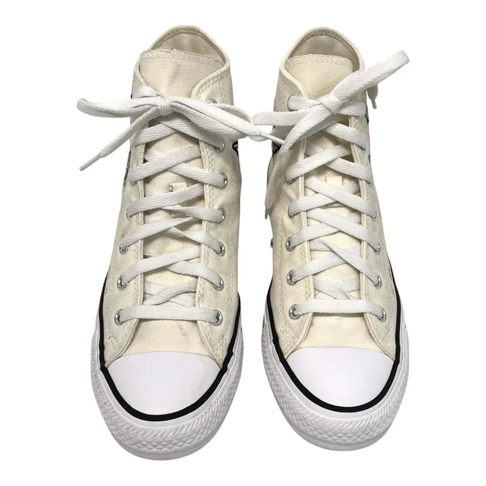 Converse Kids High Top Boots in Cream with Black and Pink Butterfly Embroidery
